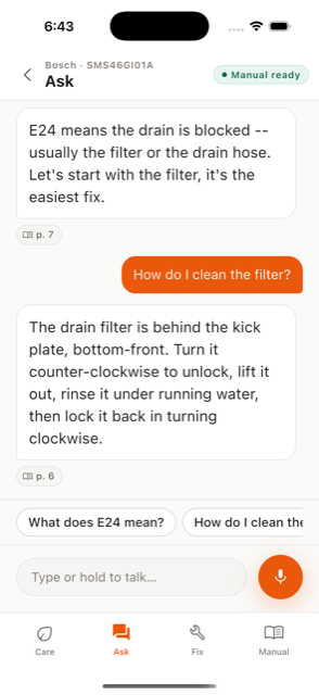 Fixby's Ask screen: a real conversation about a Bosch dishwasher's E24 drain error, with manual page citations