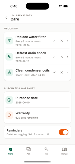 Fixby's Care screen: a real maintenance schedule and purchase/warranty details for an LG fridge
