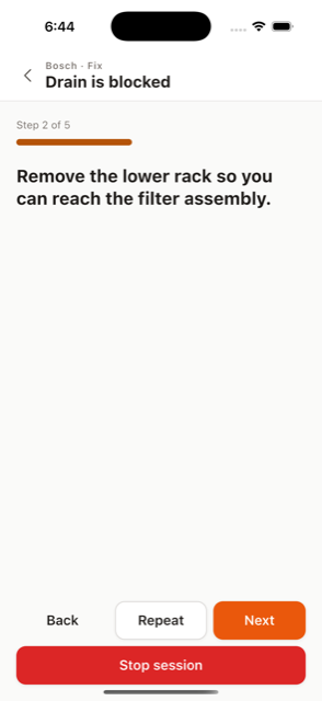 Fixby's Fix screen: a real guided repair step, 'Remove the lower rack so you can reach the filter assembly,' step 2 of 5