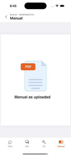 Fixby's Manual screen showing the uploaded manual PDF