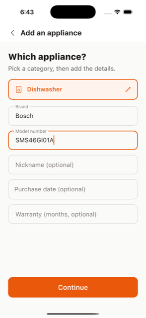 Fixby's add-appliance screen: category picker with Dishwasher selected, Brand and Model number filled in